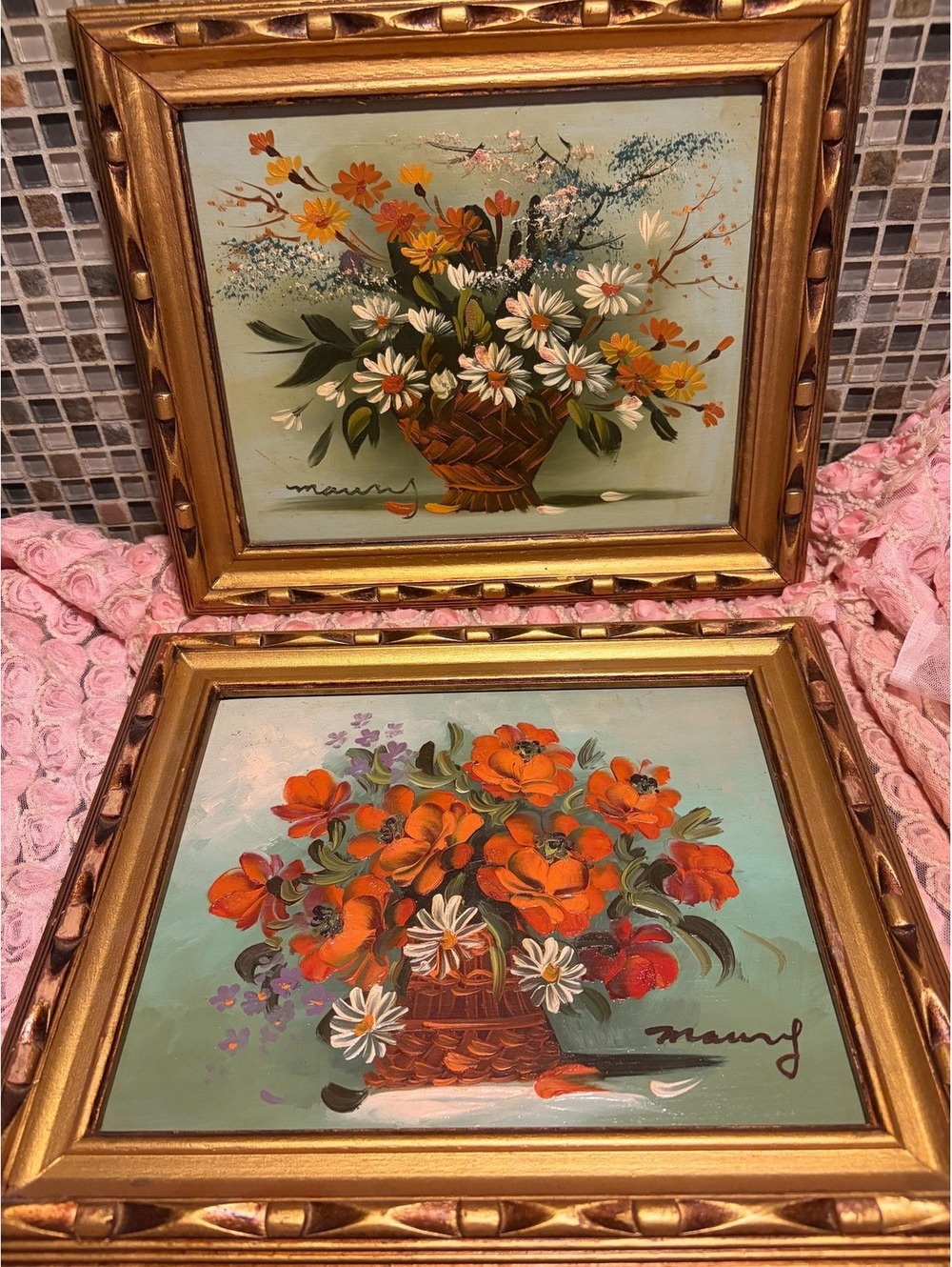 pair mid-century impasto floral still life oil paintings signed Maury original 2